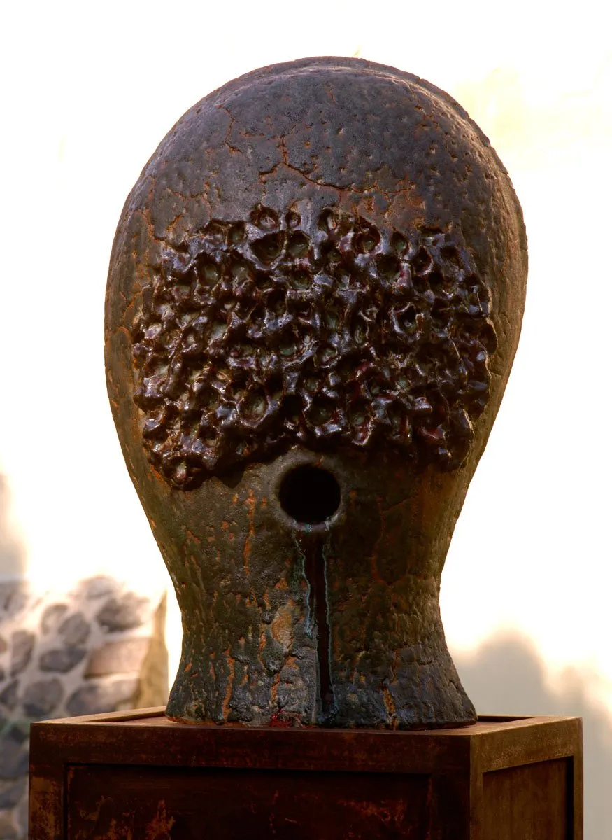 Dark brown ceramic head with a textured surface on a plinth
