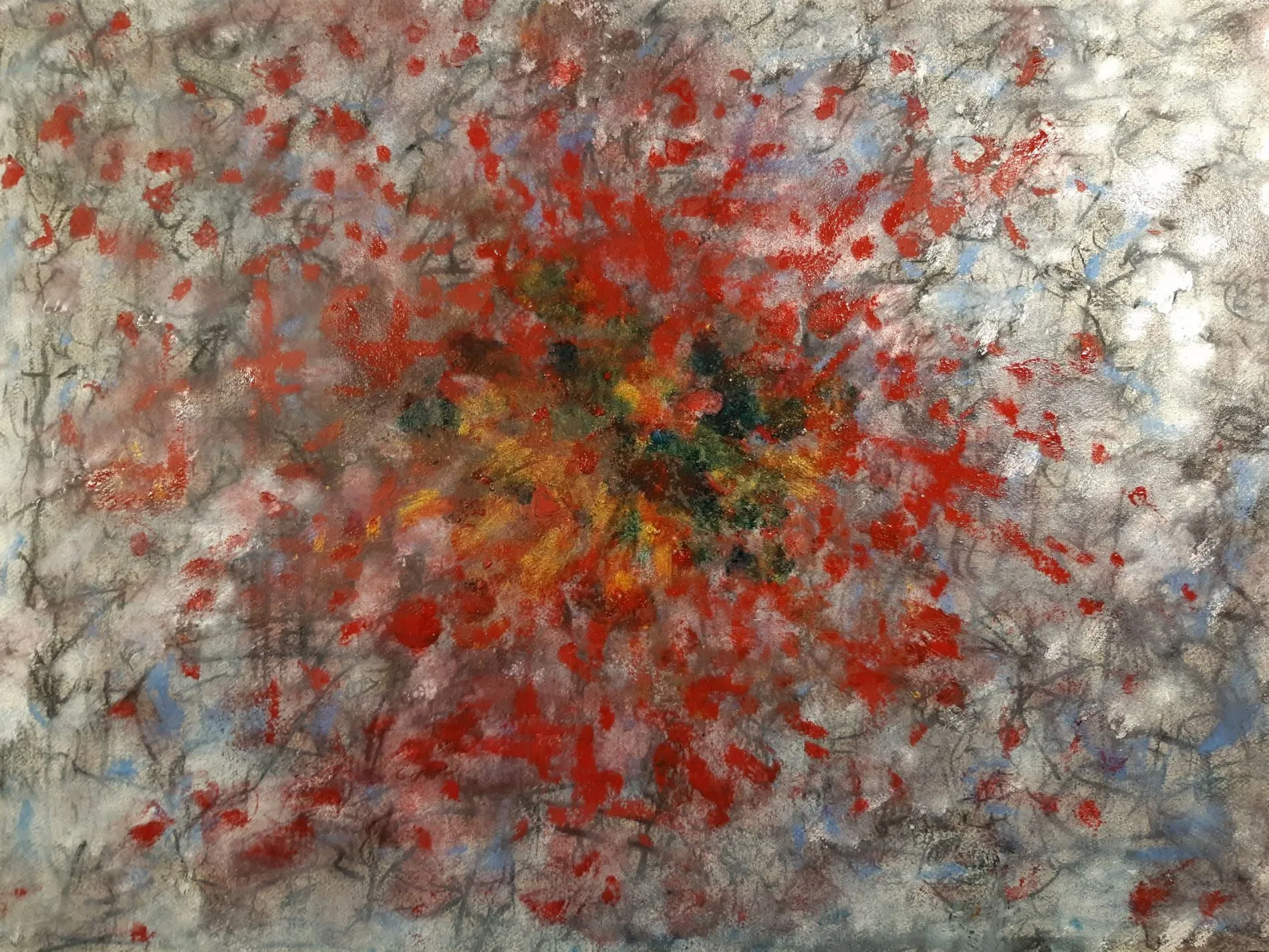 Abstract painting with red patches around a dark centre