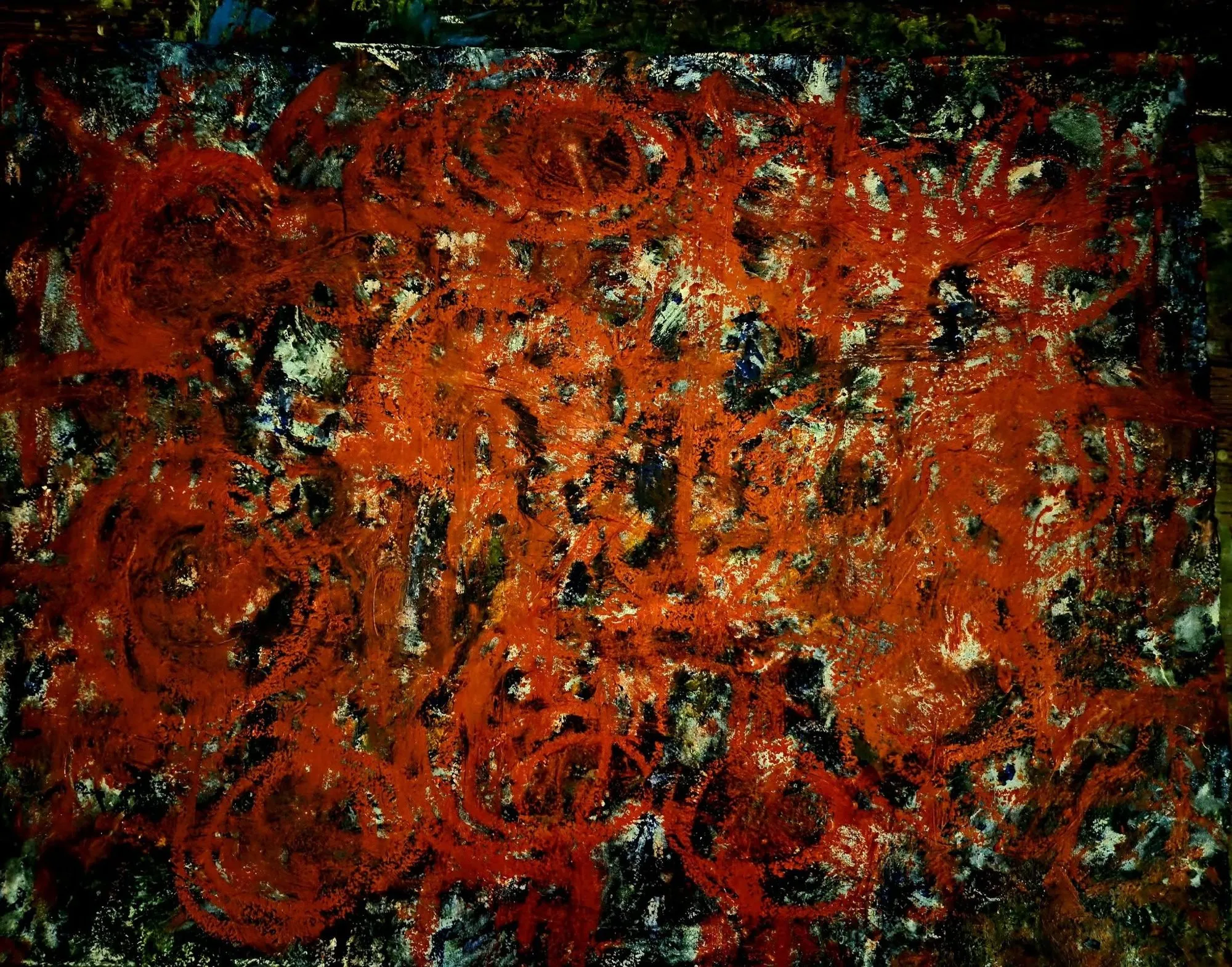Abstract painting with orange circular strokes on a dark ground