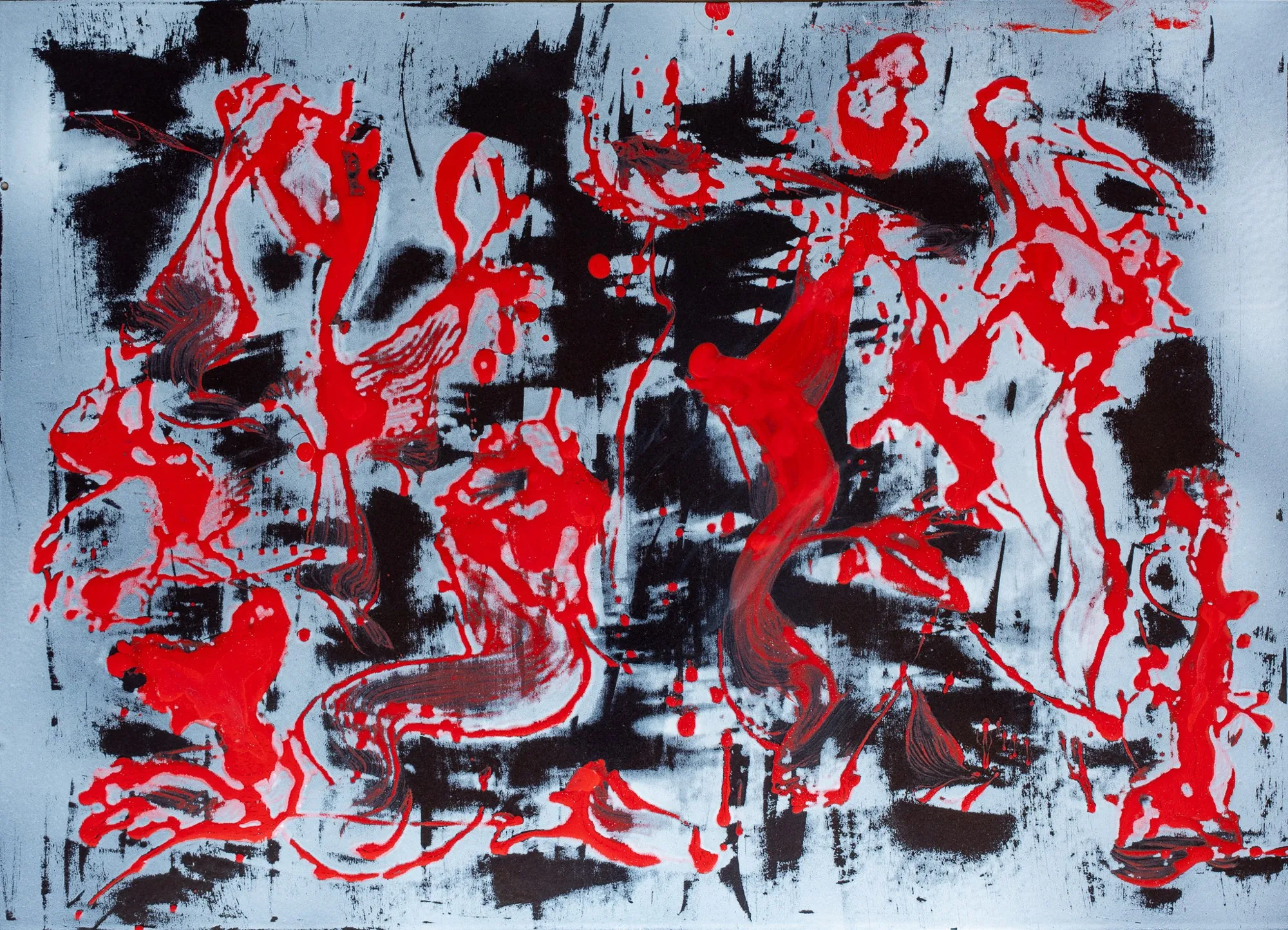 Red and black gestural shapes on a light grey ground
