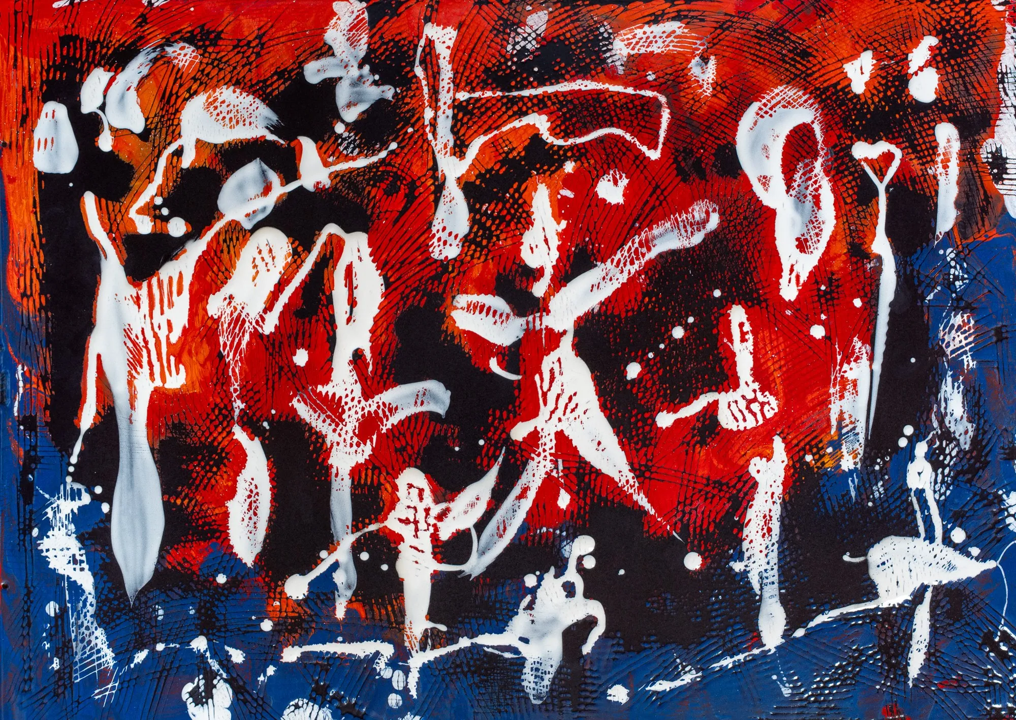 White figurative shapes on a red and dark blue ground