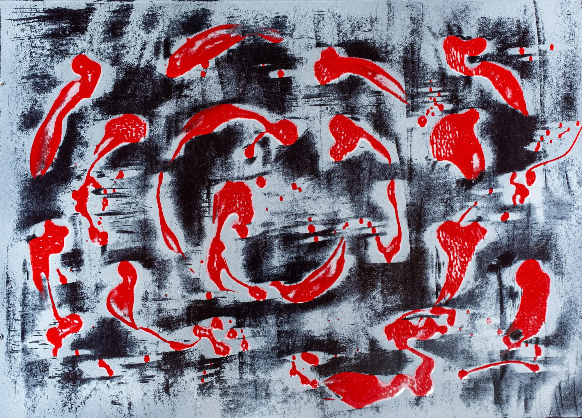 Red curved strokes and black patches on a light grey ground