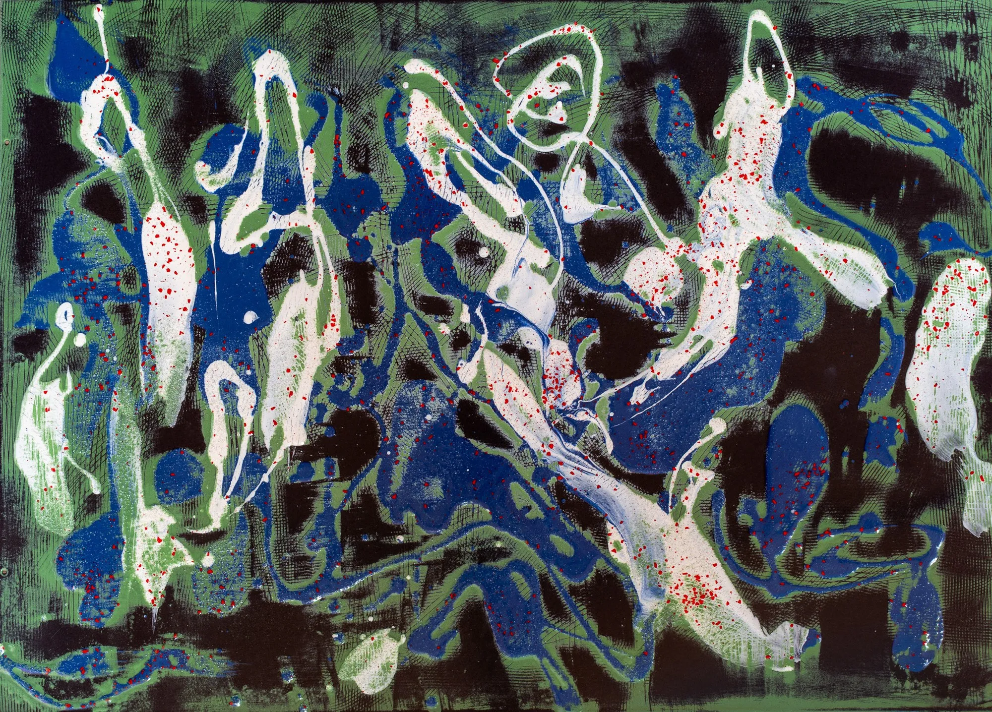 White and pale green figurative shapes on a dark blue and green ground