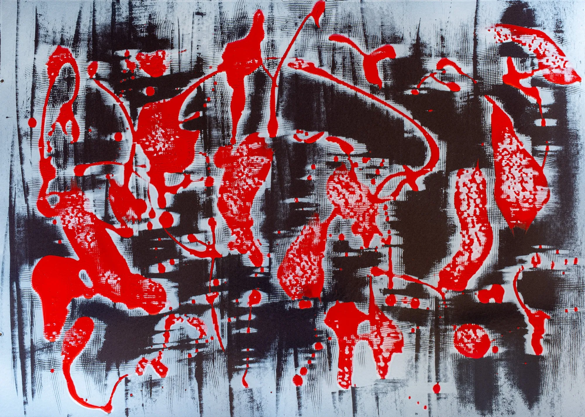 Red shapes and black horizontal strokes on a light grey ground