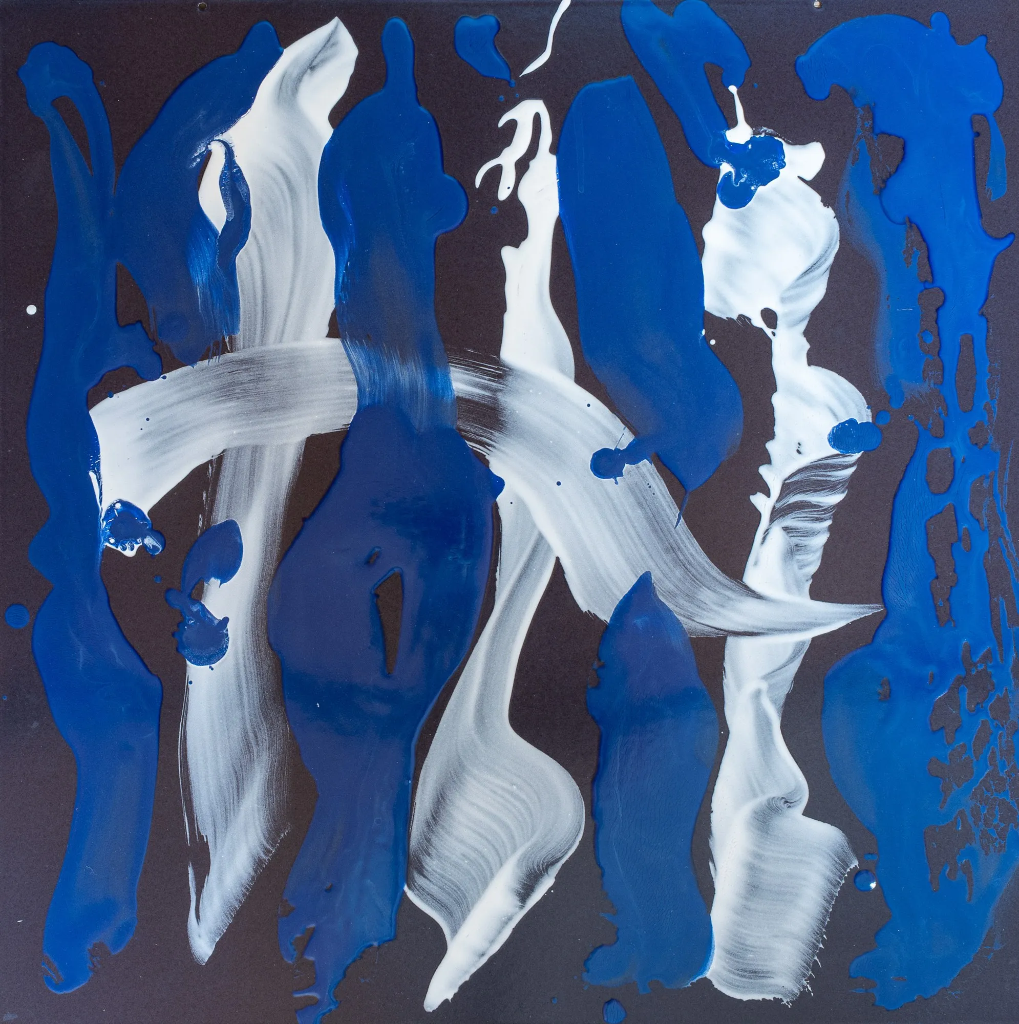 Broad white brushstrokes on a deep blue ground