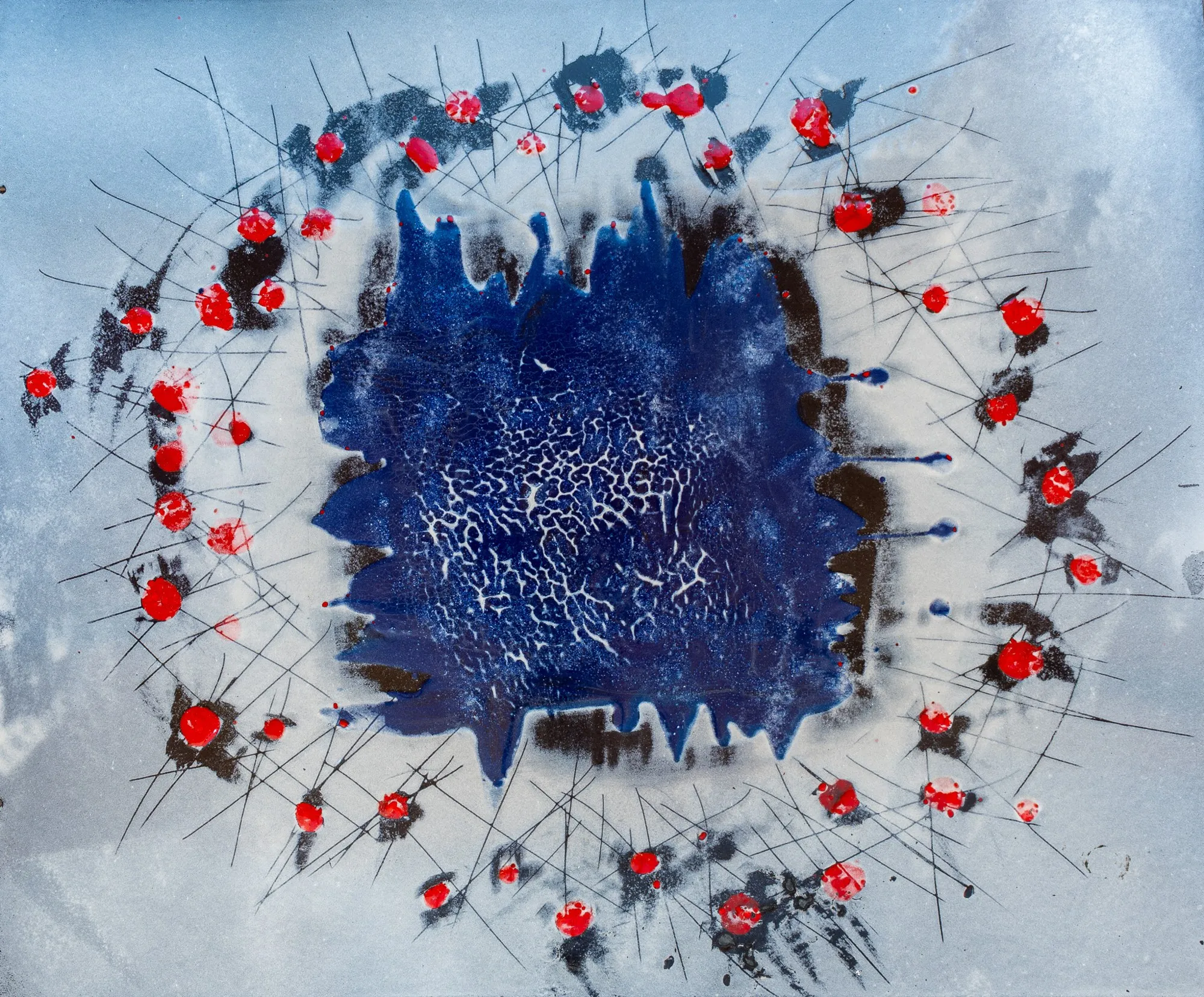 Dark blue cracked square in a circle of red dots and black lines