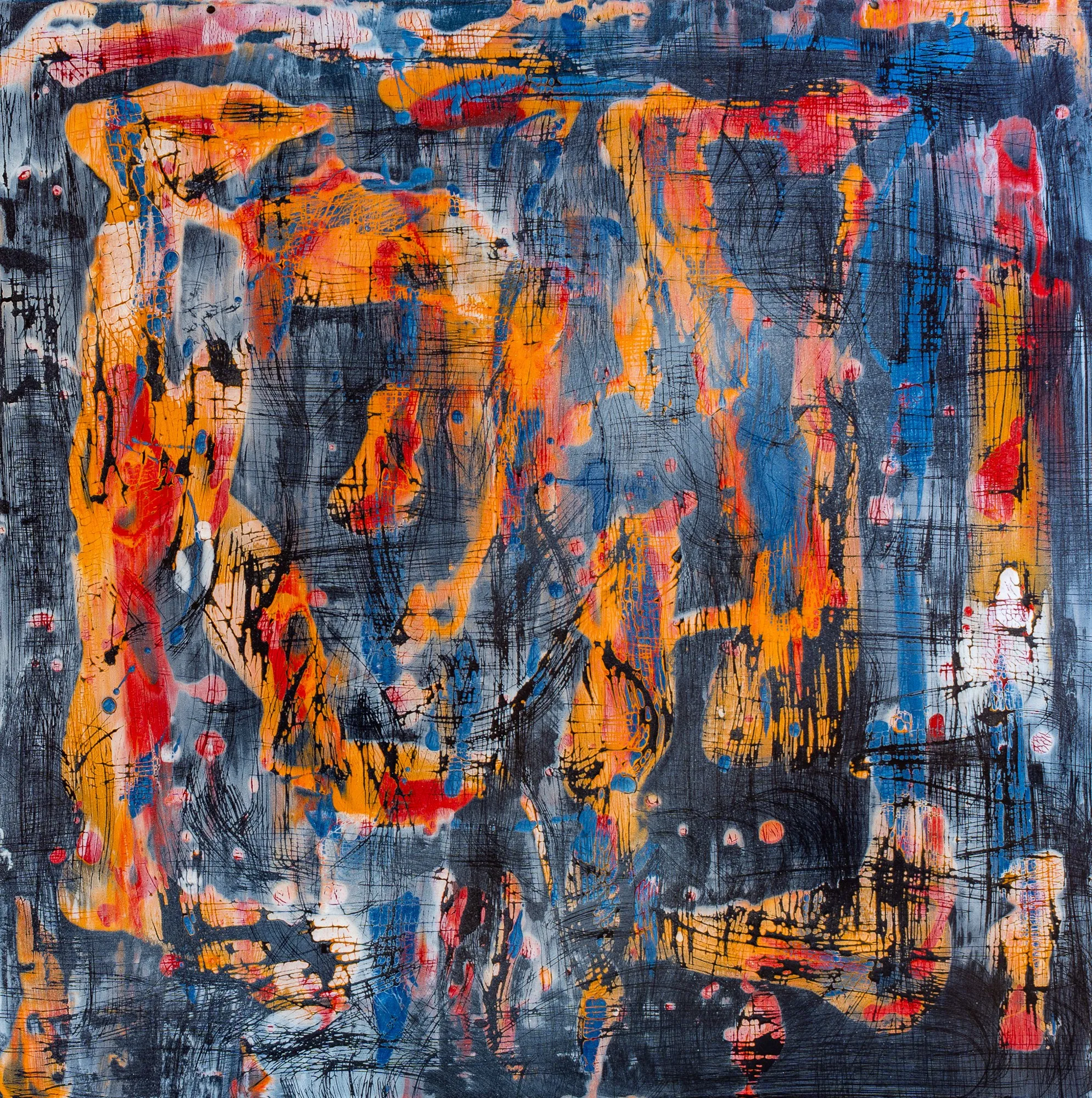 Layered abstraction in orange, yellow and blue
