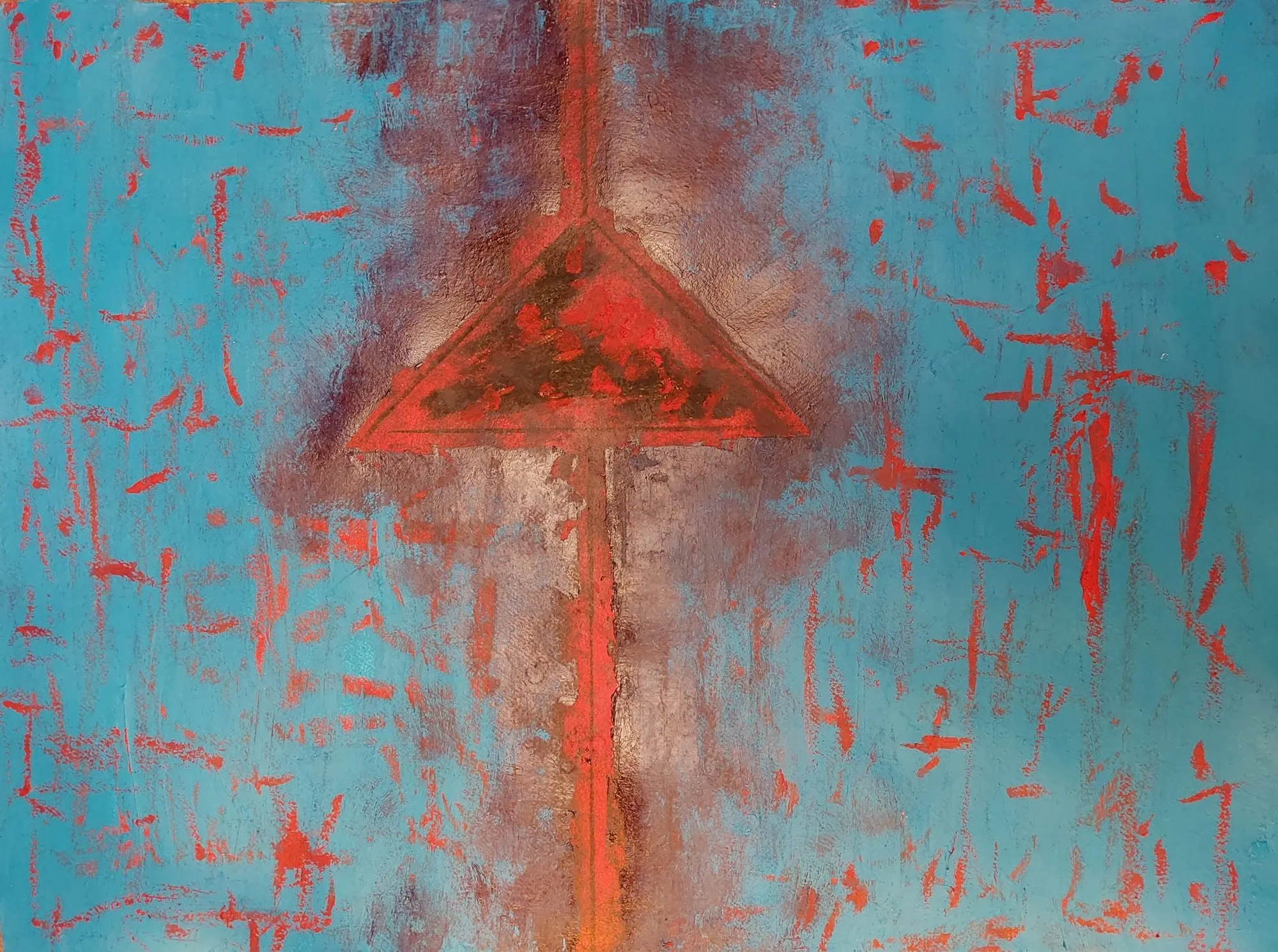Red arrow with a triangle on a turquoise ground with red strokes