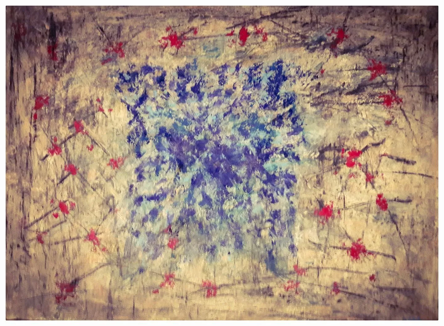 Blue cluster of strokes with red stars on a light ground