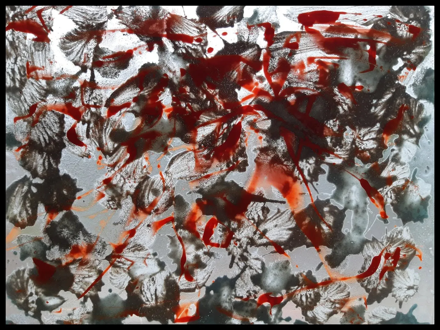 Abstract painting with red and grey leaf-like imprints