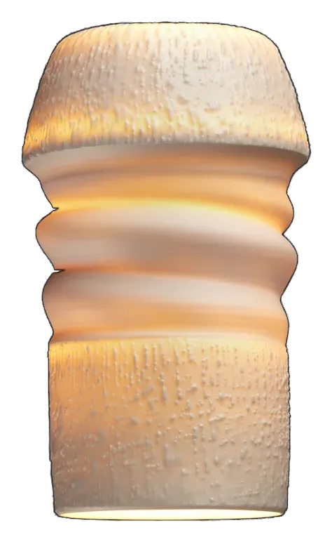 Lit Pelegrin Lumen porcelain lamp with a spirally rippled body