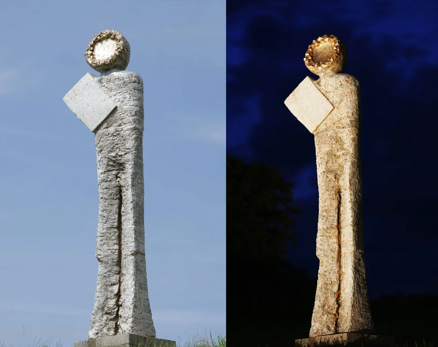 Slender figure with a golden head and an angular slab, by day and at night